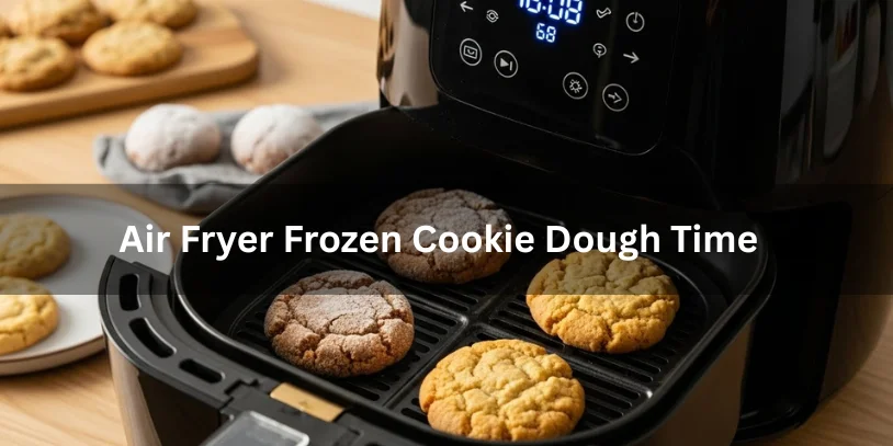 How Long to Cook Frozen Cookie Dough Explained (Time, Temp & Pro Tips) Frozen cookie dough baking in an air fryer basket, cookies at various stages from frozen to golden and cooked, with digital air fryer display showing baking time, warm home kitchen lighting, close-up food photography for instructional baking guide.-how long to cook frozen cookie dough