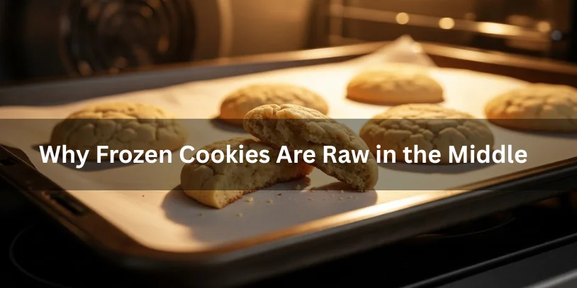 How Long to Cook Frozen Cookie Dough Explained (Time, Temp & Pro Tips) Cookies baked from frozen dough, golden on the outside but soft and underbaked in the center, one cookie broken to reveal raw middle, on a parchment-lined tray with home oven in the background, warm kitchen lighting, close-up food photography.-how long to cook frozen cookie dough