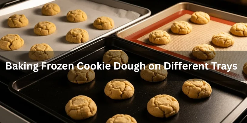 How Long to Cook Frozen Cookie Dough Explained (Time, Temp & Pro Tips) Frozen cookie dough balls baking on different trays—a light aluminum sheet, dark nonstick tray, and silicone mat—with cookies at various stages showing tray impact, in a home oven with parchment paper, warm kitchen lighting, close-up food photography.-how long to cook frozen cookie dough