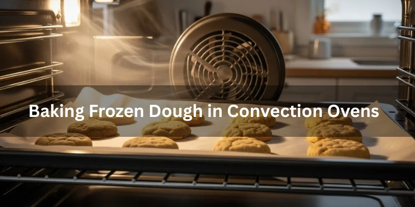 How Long to Cook Frozen Cookie Dough Explained (Time, Temp & Pro Tips) Frozen cookie dough baking in a convection oven with the fan visible, cookies on a parchment-lined tray, some golden and evenly baked, warm natural kitchen lighting, close-up food photography highlighting even baking process.-how long to cook frozen cookie dough