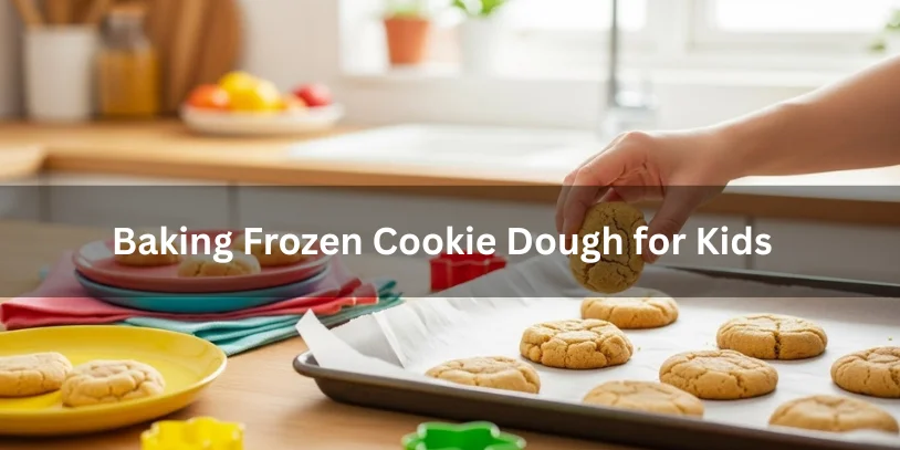 How Long to Cook Frozen Cookie Dough Explained (Time, Temp & Pro Tips) Frozen cookie dough baking in a cozy home kitchen on a parchment-lined tray, golden and ready to eat, with colorful kid-friendly props like plates, napkins, and cookie cutters, warm natural lighting, close-up food photography for family-friendly baking guide.-how long to cook frozen cookie dough