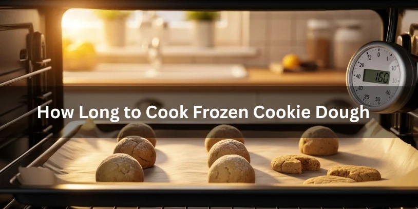 How Long to Cook Frozen Cookie Dough Explained (Time, Temp & Pro Tips) Frozen cookie dough balls on a parchment-lined tray, partially baked in the oven, with a kitchen timer showing baking time, warm home kitchen lighting, close-up food photography.-how long to cook frozen cookie dough