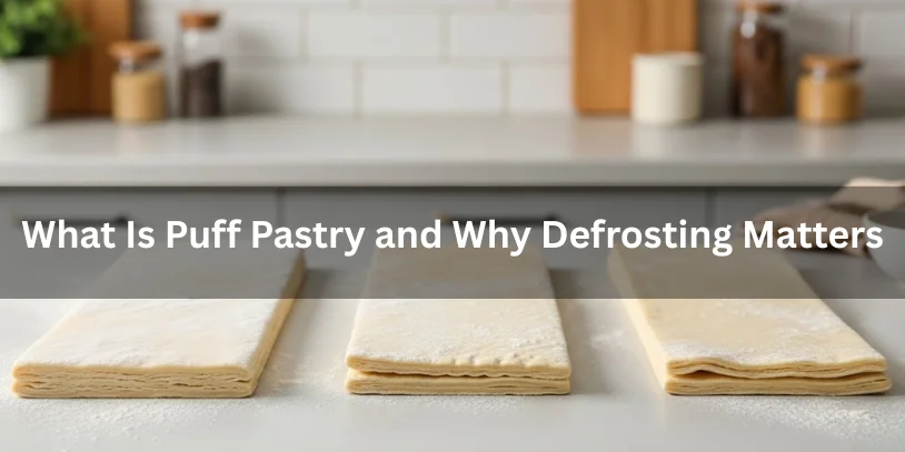 Puff pastry sheets shown frozen, partially thawed, and fully defrosted on a kitchen counter, realistic food photography explaining what puff pastry is and why proper defrosting matters.-how to defrost puff pastry fast 