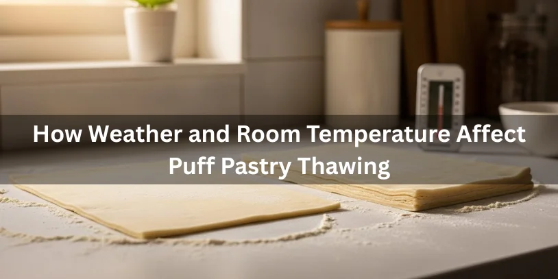 Puff pastry sheets thawing on a kitchen counter with sunlight and a thermometer showing room temperature, realistic food photography explaining how weather and room temperature affect puff pastry thawing.-how to defrost puff pastry fast 