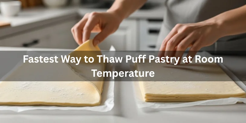 Puff pastry sheets thawing at room temperature on a kitchen counter, one flexible and one still firm, realistic food photography showing the fastest way to thaw puff pastry.-how to defrost puff pastry fast 