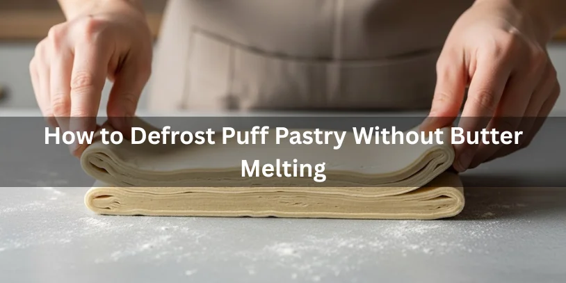 Puff pastry sheets defrosting on a cool kitchen counter with firm layers intact, realistic food photography showing how to thaw puff pastry without butter melting.-how to defrost puff pastry fast 