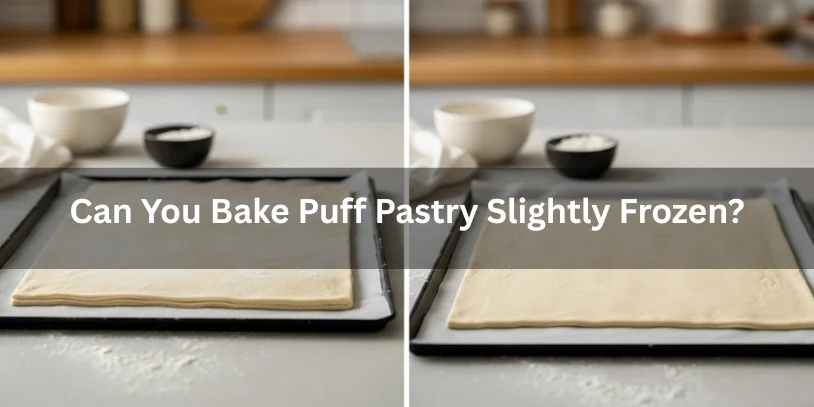 Puff pastry sheets on a baking tray, one slightly frozen and one fully thawed, realistic food photography illustrating whether puff pastry can be baked while slightly frozen-how to defrost puff pastry fast 