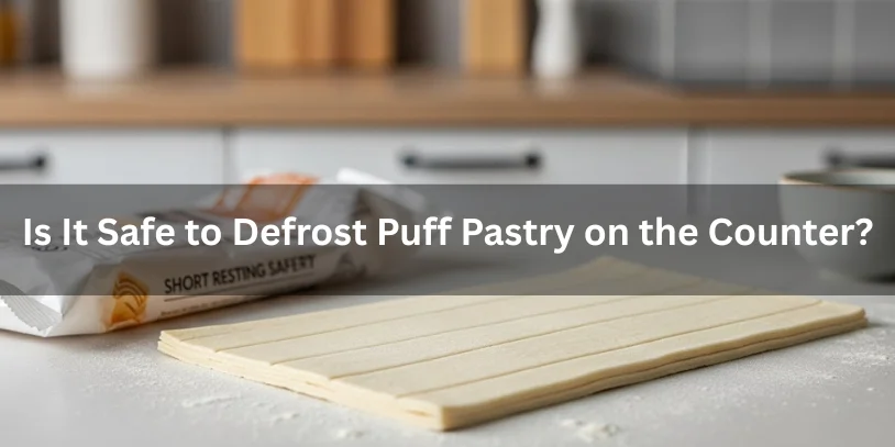 Puff pastry sheets defrosting on a kitchen counter while still cool and firm, realistic food photography illustrating whether it is safe to thaw puff pastry at room temperature.-how to defrost puff pastry fast 