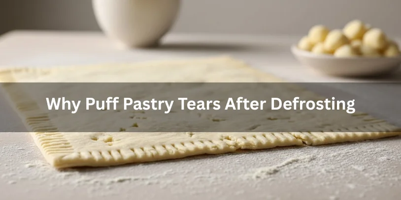 Puff pastry sheet with small tears and cracks after defrosting on a floured surface, realistic food photography explaining why puff pastry can tear after thawing-how to defrost puff pastry fast 