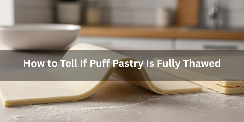 Fully thawed puff pastry sheet shown flexible and cool on a floured counter, realistic food photography explaining how to tell if puff pastry is completely thawed-how to defrost puff pastry fast 