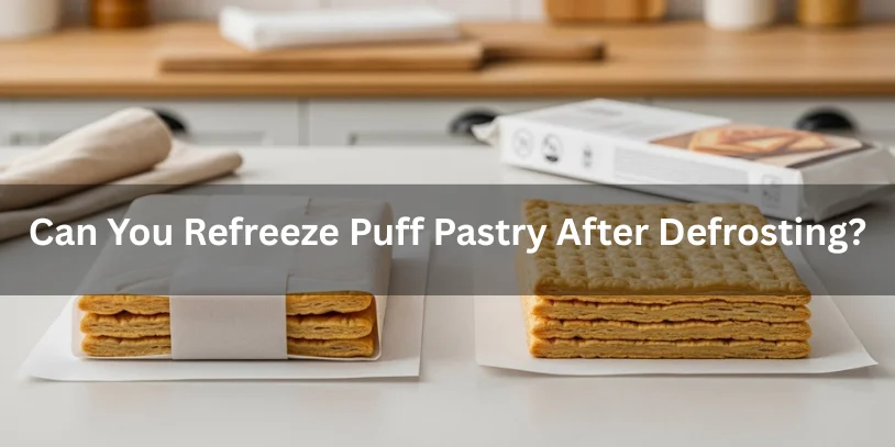 Defrosted puff pastry being rewrapped for refreezing on a kitchen counter, realistic food photography explaining whether puff pastry can be refrozen after thawing.-how to defrost puff pastry fast 