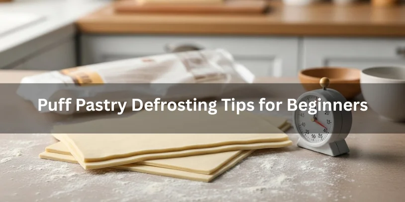 Puff pastry sheets defrosting correctly on a floured counter with a kitchen timer, realistic food photography showing beginner-friendly puff pastry defrosting tips-how to defrost puff pastry fast 