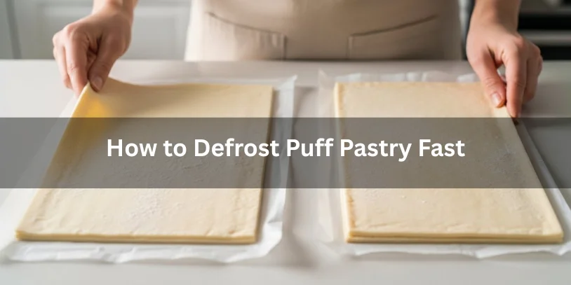 Frozen puff pastry sheets resting on a kitchen counter, one softening and one still firm, realistic food photography illustrating how to defrost puff pastry quickly.-how to defrost puff pastry fast