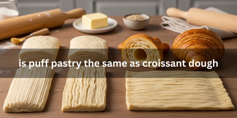 Comparison of puff pastry and croissant dough, showing laminated layers and the airy interior of a croissant versus crisp puff pastry layers.-is puff pastry the same as croissant dough