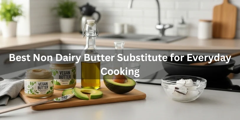 Everyday non-dairy butter substitutes like vegan butter, olive oil, avocado, and coconut oil on a kitchen counter with cooking tools, realistic food photography showing the best non-dairy butter substitutes for daily cooking-non dairy butter substitute 