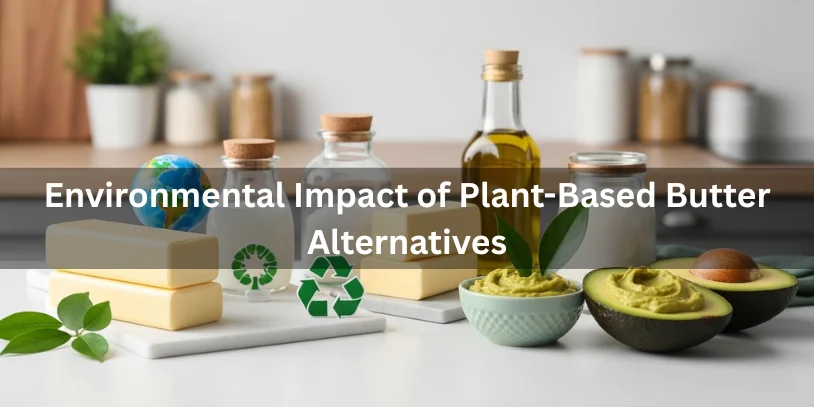 Plant-based butter alternatives including vegan butter, coconut oil, olive oil, and avocado spread with eco-friendly props like a globe and green leaves, realistic food photography illustrating the environmental impact of plant-based butter alternatives.-non dairy butter substitute 