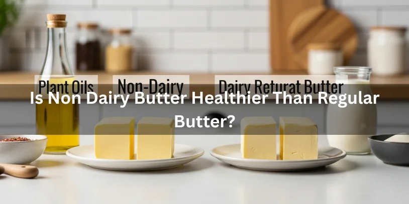 Side-by-side pats of non-dairy butter and regular butter with ingredient cues behind each, realistic food photography comparing whether non-dairy butter is healthier than regular butter.-non dairy butter substitute 