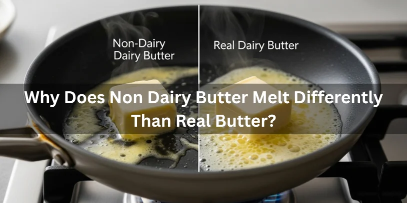 Non-dairy butter and real butter melting differently in a warm pan, realistic food photography showing how plant-based oils melt faster and separate compared to dairy butter-non dairy butter substitute 