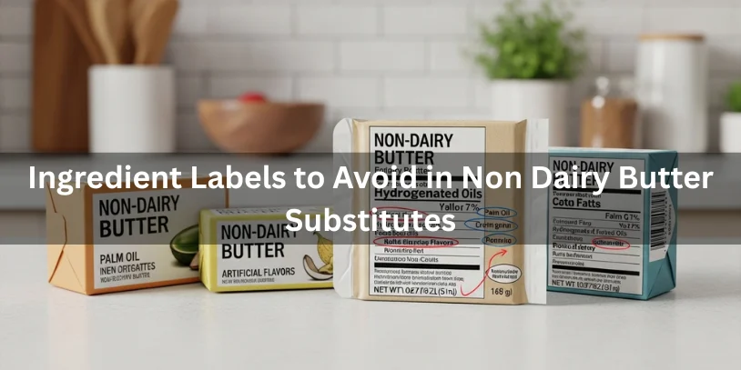 Non-dairy butter packages with ingredient labels highlighting palm oil, hydrogenated oils, and artificial additives to avoid, realistic food photography showing which ingredients to avoid in non-dairy butter substitutes.-non dairy butter substitute 