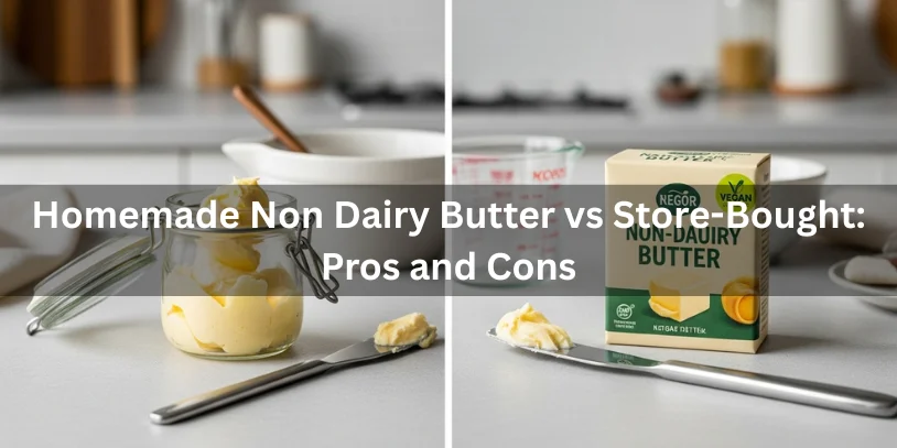 Homemade non-dairy butter in a glass jar next to store-bought vegan butter in packaging with a butter knife, realistic food photography comparing pros and cons of homemade vs store-bought non-dairy butter.-non dairy butter substitute 