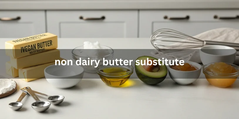 Non-dairy butter substitutes including vegan butter, coconut oil, olive oil, avocado, and applesauce on a kitchen counter, realistic food photography showing alternatives to butter for baking and cooking.-non dairy butter substitute