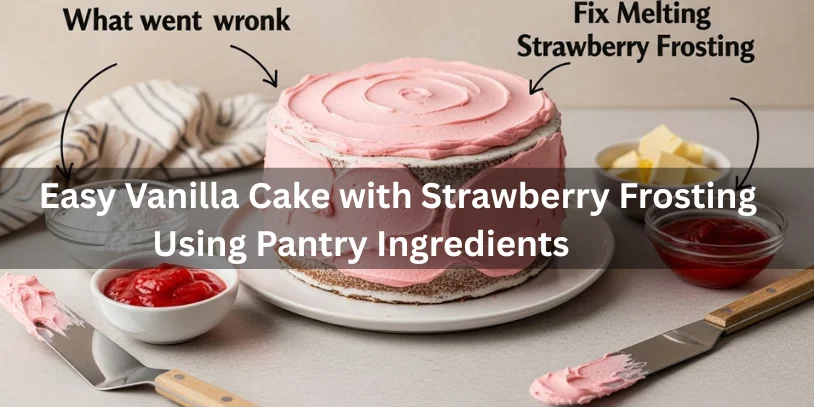 A pink-frosted vanilla cake on a table with strawberry frosting. Text reads, "Easy Vanilla Cake with Strawberry Frosting Using Pantry Ingredients." A striped cloth, butter, and bowls with frosting and jam are near the cake. Arrows pointing at the cake have text: "What went wrong" and "Fix Melting Strawberry Frosting."-vanilla cake with strawberry frosting 