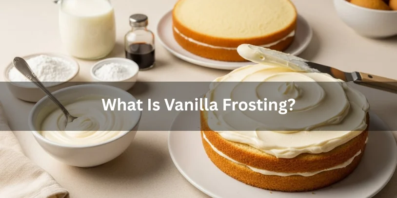 A vanilla cake being frosted on a table with ingredients like vanilla extract, milk, and sugar nearby. Text overlay reads "What Is Vanilla Frosting?"-vanilla frosting vs vanilla buttercream