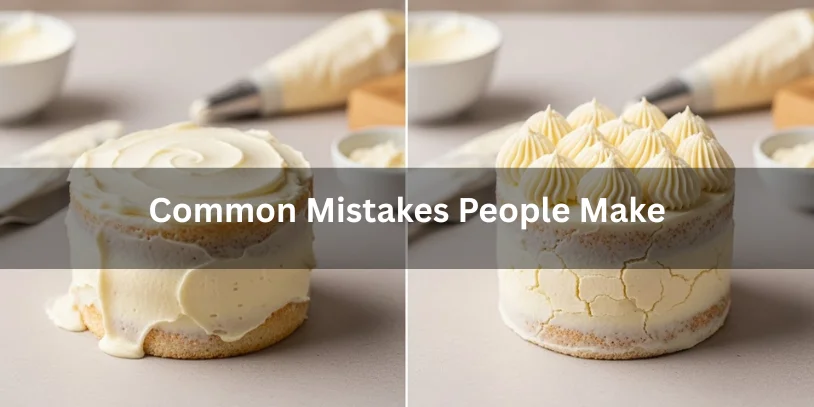 Side-by-side comparison of two frosted cakes. Left: uneven, messy icing. Right: neatly piped peaks. Text overlay: "Common Mistakes People Make."-vanilla frosting vs vanilla buttercream 