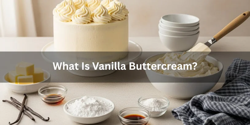 A frosted vanilla cake on a table surrounded by butter, vanilla extract, powdered sugar, and vanilla beans. Text overlay reads "What Is Vanilla Buttercream?"-vanilla frosting vs vanilla buttercream