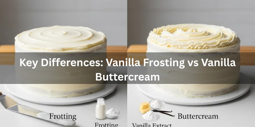 Side-by-side comparison of vanilla frosting and buttercream cakes, highlighting ingredient differences with text overlay detailing key distinctions.-vanilla frosting vs vanilla buttercream