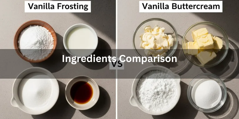 Image comparing ingredients for vanilla frosting and buttercream. Left: powdered sugar, cream, sugar, vanilla. Right: butter, powdered sugar, sugar. Text: "Ingredients Comparison."-vanilla frosting vs vanilla buttercream