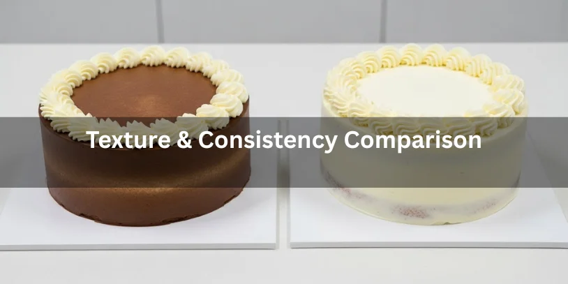 Two cakes on white boards are shown side by side. The left cake is chocolate with cream swirls, and the right is vanilla. Text overlay: "Texture & Consistency Comparison."-vanilla frosting vs vanilla buttercream