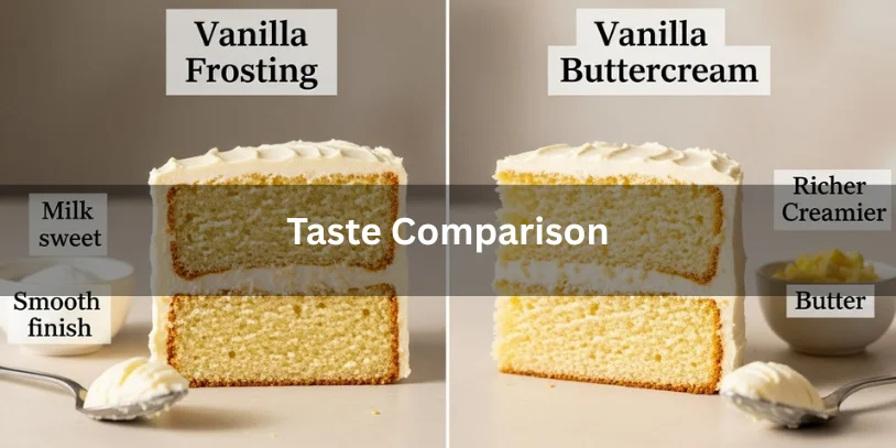 Split photo of two cakes with labels: Vanilla Frosting on the left, Vanilla Buttercream on the right. Center text reads "Taste Comparison."-vanilla frosting vs vanilla buttercream