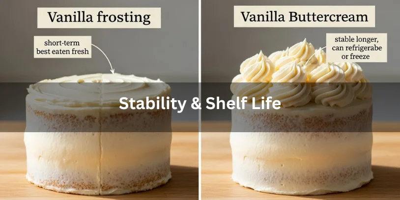 Two cakes side by side on a wooden surface; left has vanilla frosting, the right has vanilla buttercream. Text overlays describe their stability and shelf life.-vanilla frosting vs vanilla buttercream