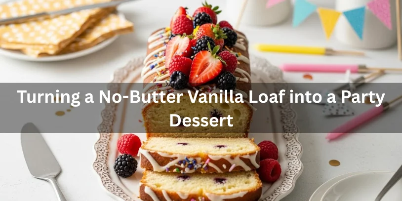 Best Vanilla Loaf Cake No Butter – Moist & Fluffy Every Time -A no-butter vanilla loaf transformed into a festive dessert, decorated with colorful sprinkles and whipped cream.
vanilla loaf cake recipe no butter -can you make a cake without butter