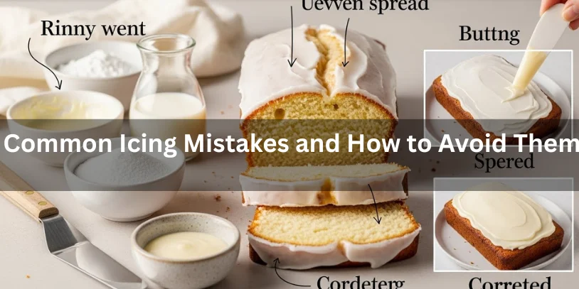 Visual guide on common icing mistakes with tips for avoiding them, featuring various icing techniques and solutions.
-vanilla loaf cake with icing 
