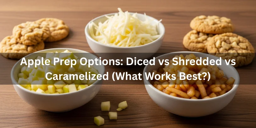 Apple Doodle Cookies (Appledoodles): The Best Apple Snickerdoodle Recipe, Moisture Fixes, Variations & Where to Buy Three bowls of apples prepared diced, shredded, and caramelized beside apple doodle cookies to illustrate prep options.-apple doodle cookies