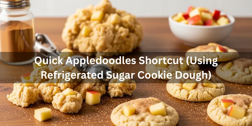 Apple Doodle Cookies (Appledoodles): The Best Apple Snickerdoodle Recipe, Moisture Fixes, Variations & Where to Buy Pre-made sugar cookie dough mixed with diced apples and cinnamon on a countertop, alongside baked apple doodle cookies dusted with cinnamon sugar.-apple doodle cookies