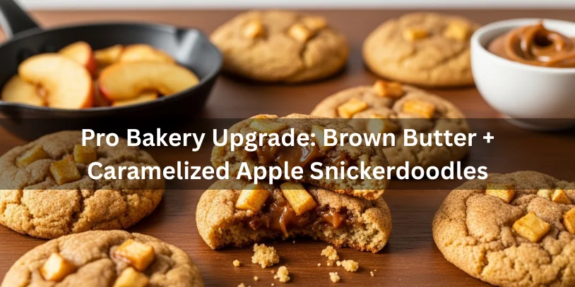 Apple Doodle Cookies (Appledoodles): The Best Apple Snickerdoodle Recipe, Moisture Fixes, Variations & Where to Buy Brown butter apple snickerdoodle cookies with caramelized apple pieces, one broken in half showing chewy interior, alongside a bowl of brown butter and pan of caramelized apples.-apple doodle cookies