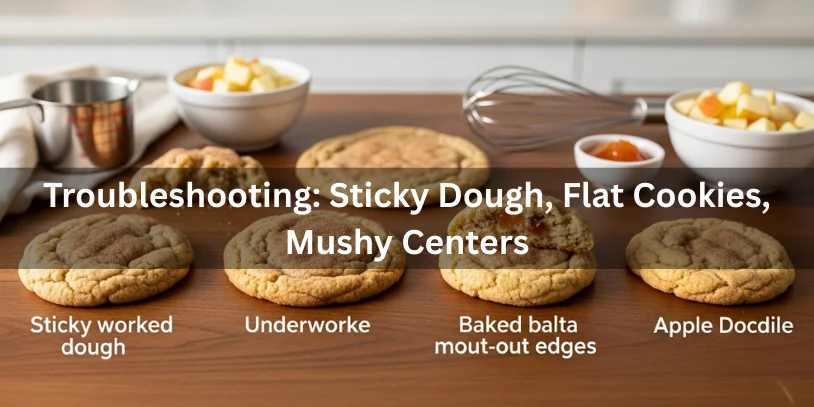 Apple Doodle Cookies (Appledoodles): The Best Apple Snickerdoodle Recipe, Moisture Fixes, Variations & Where to Buy Apple doodle cookies showing sticky dough, flat cookies, and mushy centers next to a perfectly baked cookie for comparison, with diced apples and baking tools nearby.-apple doodle cookies