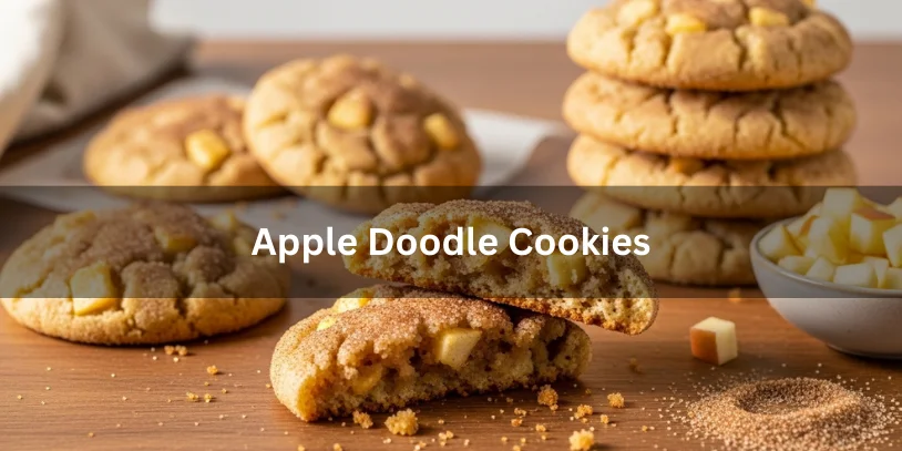 Apple Doodle Cookies (Appledoodles): The Best Apple Snickerdoodle Recipe, Moisture Fixes, Variations & Where to Buy Golden-brown apple doodle cookies dusted with cinnamon sugar, some stacked and one broken in half showing apple pieces inside.-apple doodle cookies