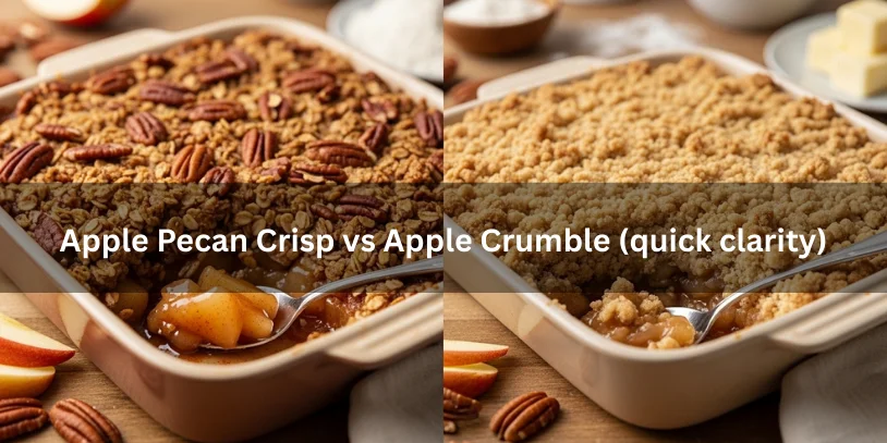 Side-by-side comparison of apple pecan crisp with crunchy oat-pecan topping and apple crumble with soft buttery streusel topping, both partially scooped to show texture.-apple pecan crisp recipe 