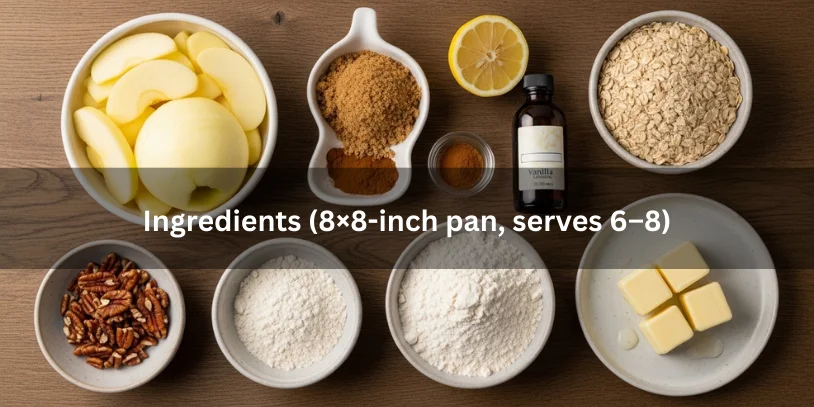 -Flat-lay of apple pecan crisp ingredients for an 8×8-inch pan, including sliced apples, oats, chopped pecans, butter, sugar, flour, cinnamon, lemon, vanilla, and cornstarch arranged on a wooden countertop.apple pecan crisp recipe 