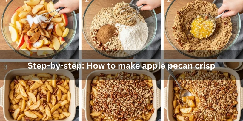 Step-by-step visual process of making apple pecan crisp, from mixing spiced apples and crumb topping to assembling and baking until golden and bubbly.-apple pecan crisp recipe 