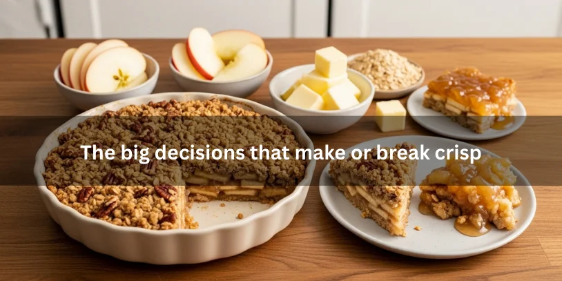 Apple pecan crisp styled to show key choices like apple slice thickness, cold butter topping texture, and properly set filling versus runny filling in a rustic kitchen setting.-apple pecan crisp recipe 