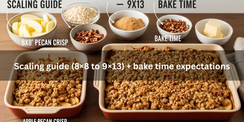 Two apple pecan crisps in 8×8 and 9×13 baking dishes with scaled ingredient bowls nearby, showing visual cues for larger batch size and slightly longer baking until golden and bubbly.-apple pecan crisp recipe 
