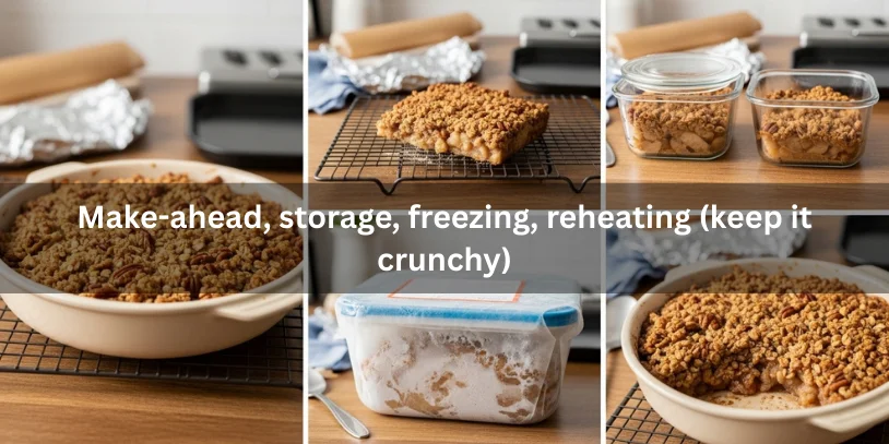 Apple pecan crisp shown cooling, stored in an airtight container, prepared for freezing, and reheated to restore a crunchy oat-pecan topping in a clean kitchen setting.-apple pecan crisp recipe 