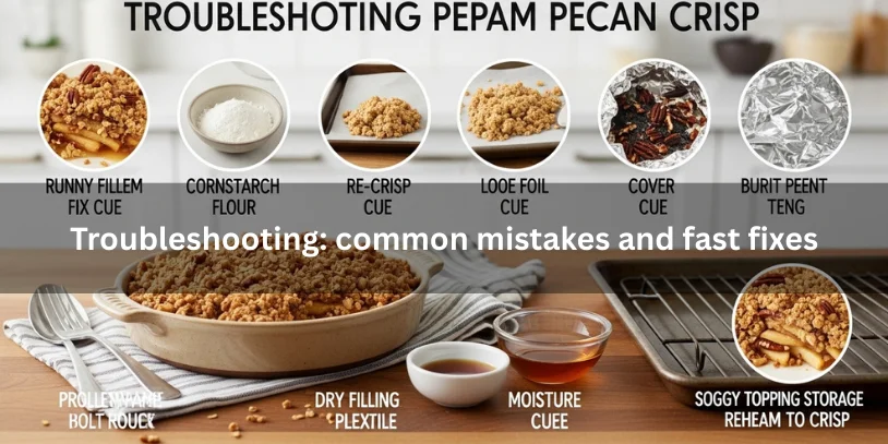 Apple pecan crisp troubleshooting setup showing runny filling, pale topping, burnt pecans, dry apples, and soggy topping with visual cues for quick fixes like thickener, foil tent, and reheating to crisp.-apple pecan crisp recipe 
