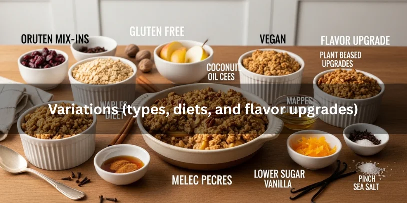 Assortment of apple pecan crisp variations including gluten-free, vegan, lower-sugar, and flavor upgrades with add-ins like spices, citrus zest, caramel, and extra fruit in a clean kitchen setting.-apple pecan crisp recipe 