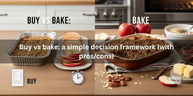 Side-by-side photo comparing store-bought apple crisp in an unbranded container versus homemade apple pecan crisp in a ceramic dish, with visual cues for convenience versus freshness and effort.-apple pecan crisp recipe 